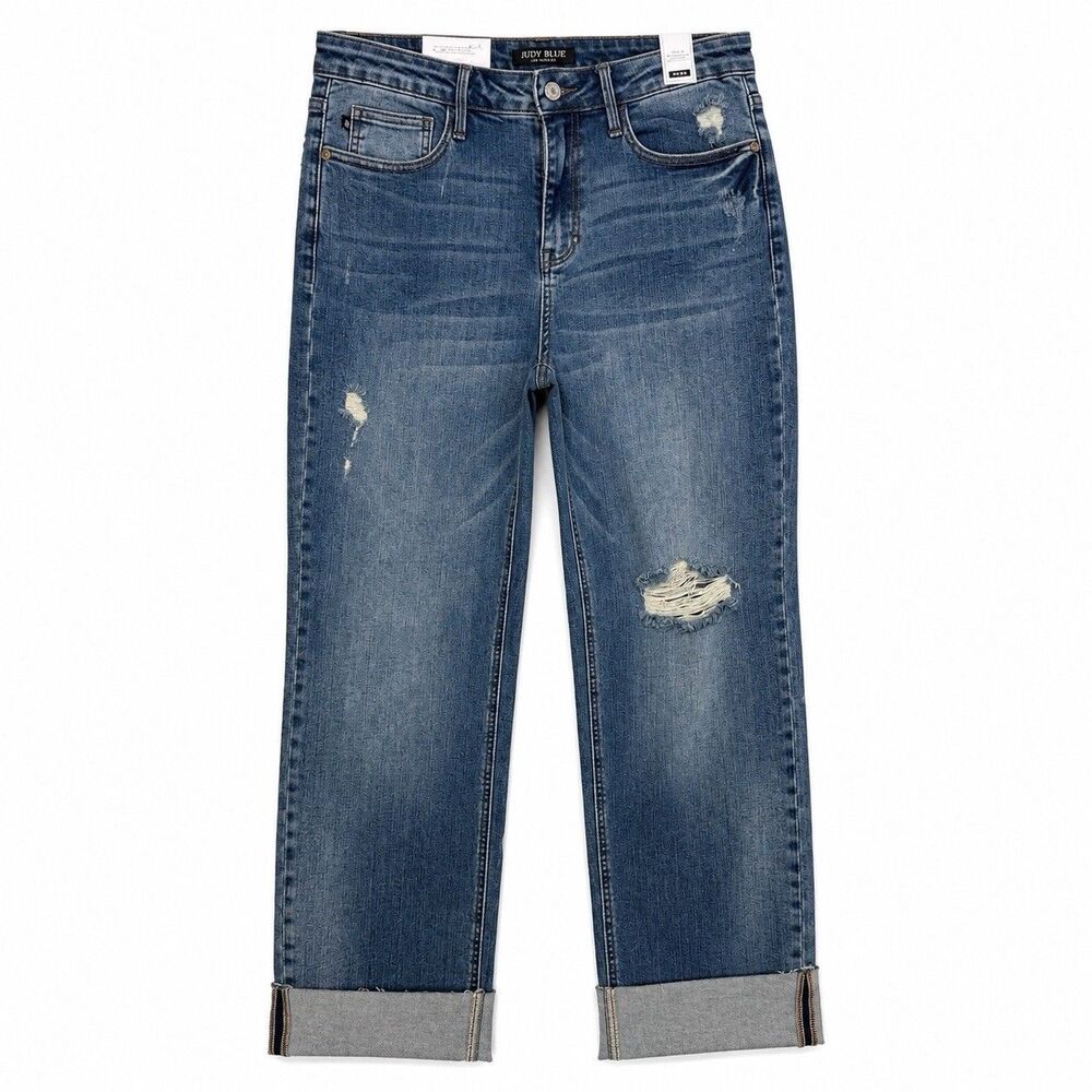 Judy Blue Dad Jeans Womens 11/30 Mid Rise Distressed Straight Leg Cuffed NWT
